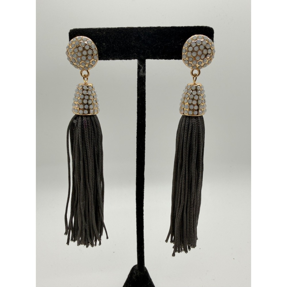 Gold Tone White Faux Opal Pave Grey Cord Tassel Drop Earrings Post Back